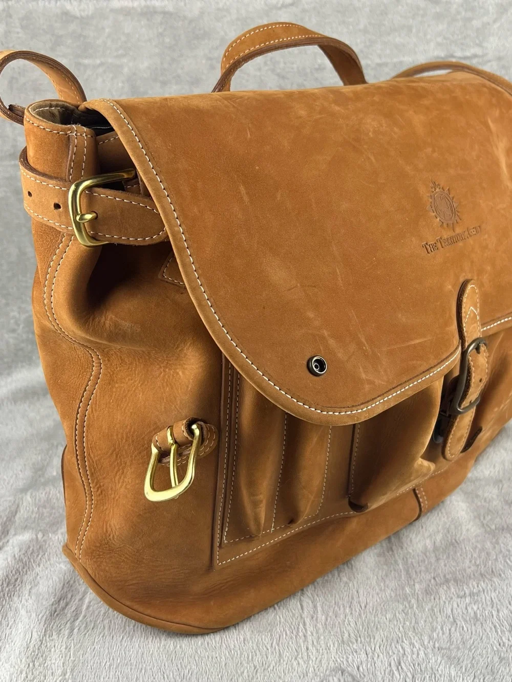 TERRITORY AHEAD Messenger Bag Tan Brown Heavy Saddle Leather Briefcase USA Made